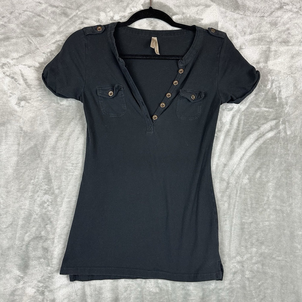 Color Story Henley Top Women's M Black Flap Pockets